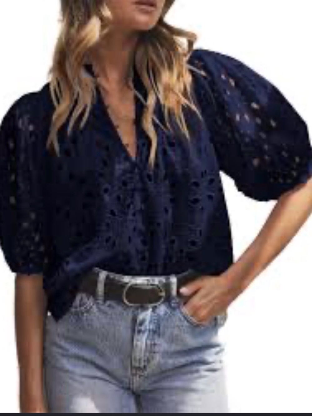 PRETTYGARDEN Navy Blue Eyelet Embroidered Puff Sleeve Blouse - Size M